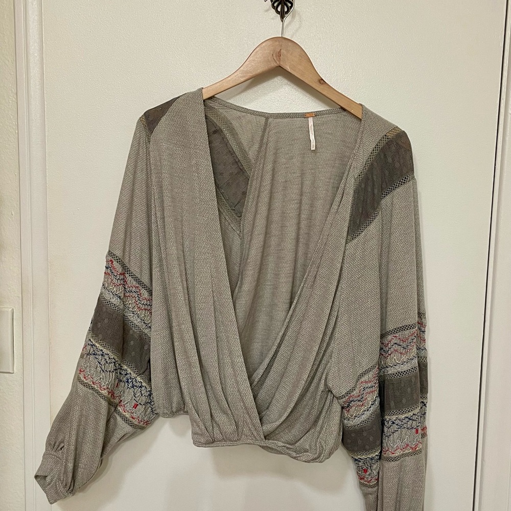 Boho Draped Free People Top in Grey Taupe with Embroidered Sleeves